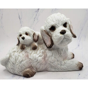 Mother and Puppy White Poodle Ceramic Hand Painted Dogs Figurine